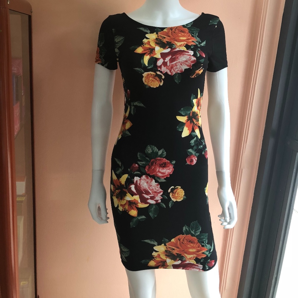 Black Floral mini dress with scoop back